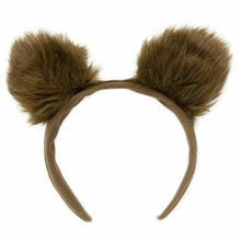 A brown faux fur animal ears headband on a solid white background.