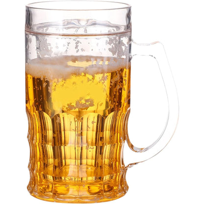 A clear glass beer mug with a ribbed textured body and a curved handle, filled with golden beer and foam, isolated on a white background.