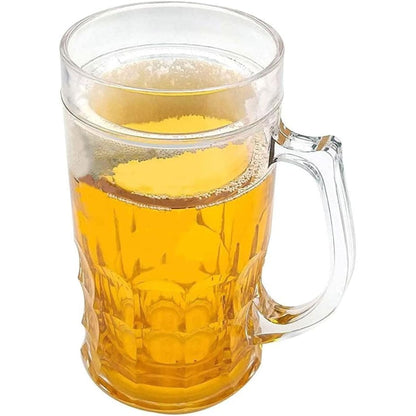 A clear glass beer mug with a handle, filled with golden beer and foam, isolated on a white background.