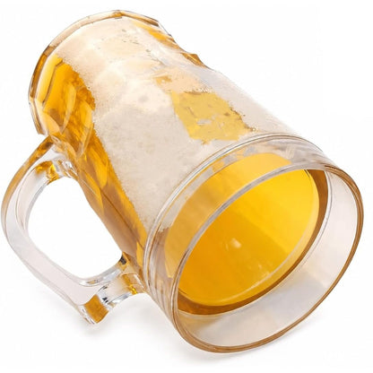 A large clear glass beer mug filled with golden beer and topped with white foam, photographed on a clean white background.