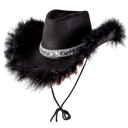 Fluffy Sequin Cowboy Hat - Black