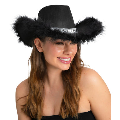 Fluffy Sequin Cowboy Hat - Black