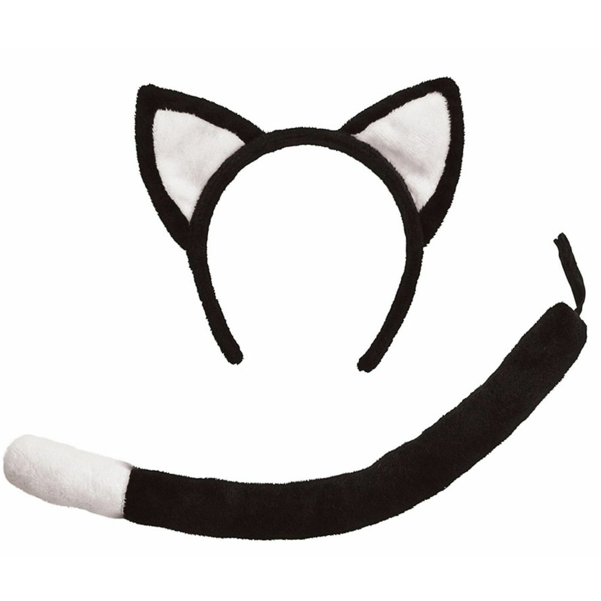 Black and white cat costume accessory set featuring a plush cat ear headband and a matching curved tail on a plain white background.