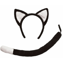 Black and white cat costume accessory set featuring a plush cat ear headband and a matching curved tail on a plain white background.