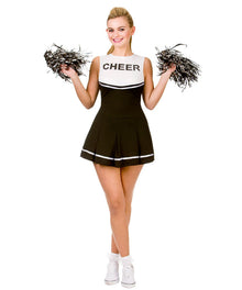 A woman modeling a cheerleader costume consisting of a black and white mini dress with 'CHEER' printed on the chest, holding black and white pom-poms against a plain white background.