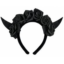 Black devil headband with fabric roses and horn-like horns, shown on a plain white background.