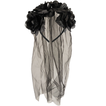 Black floral headpiece with a sheer black tulle veil, shown against a plain white background.