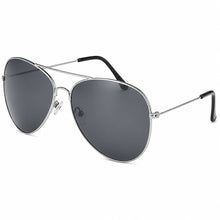 Silver metal aviator sunglasses with dark gray lenses, shown at a three-quarter angle on a plain white background.