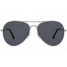 A pair of classic aviator sunglasses with a thin silver metal frame and dark gray lenses, shown from the front on a plain white background.