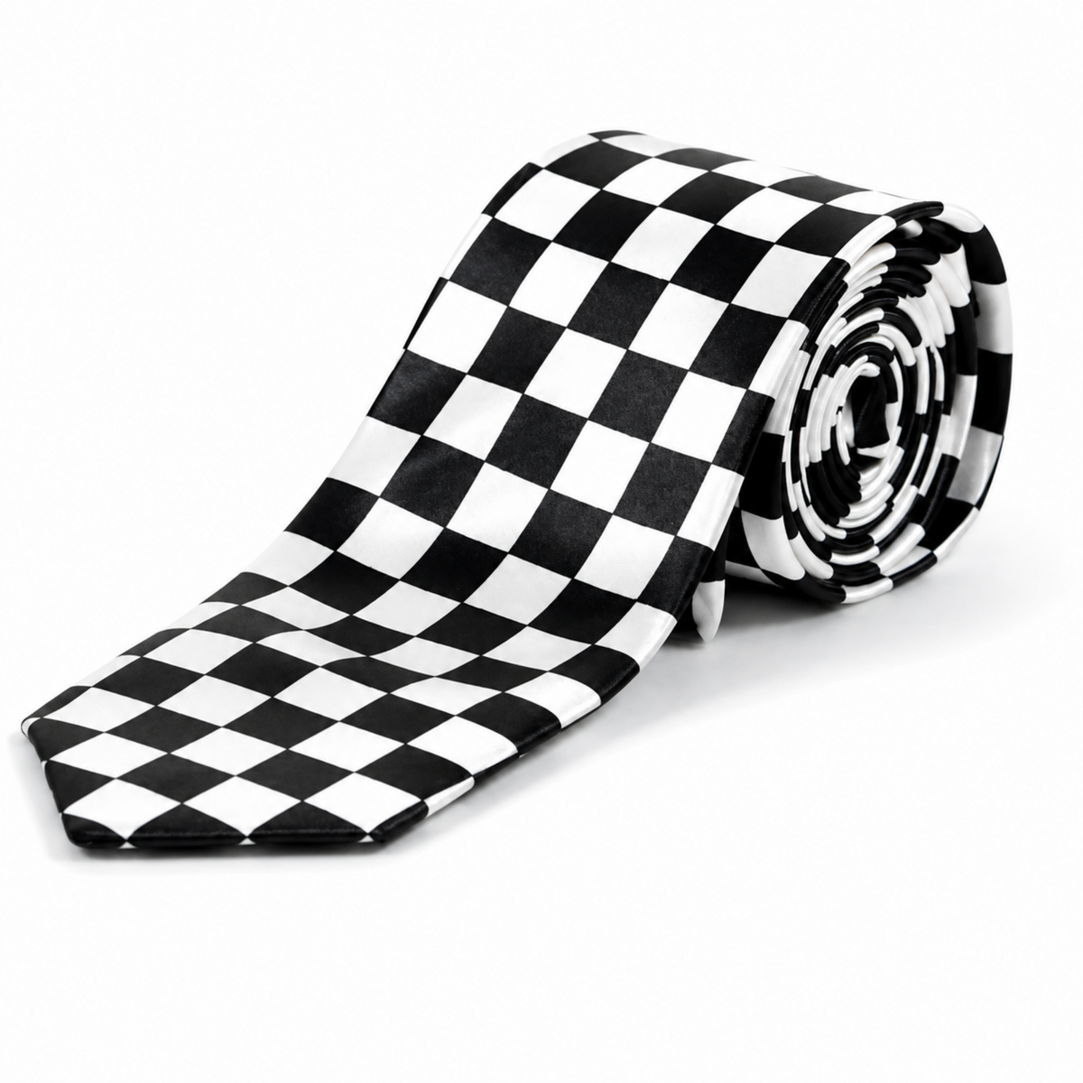 A black and white checkered necktie, partially unrolled to show its pattern, with the rest rolled up, set against a plain white background.