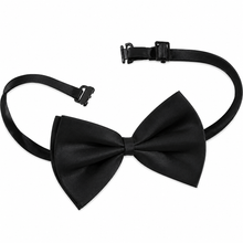 A black satin bow tie with an adjustable neck strap and black plastic buckle, displayed on a clean white background.