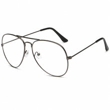 A pair of aviator-style eyeglasses with a thin dark metal frame and clear lenses, shown on a plain white background.