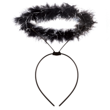 Black angel halo costume accessory with a fluffy feather halo and a black headband on a white background.