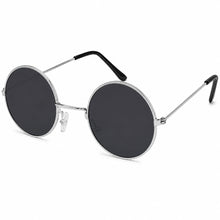 Round metal-frame sunglasses with dark lenses and black temple tips, shown on a clean white background.