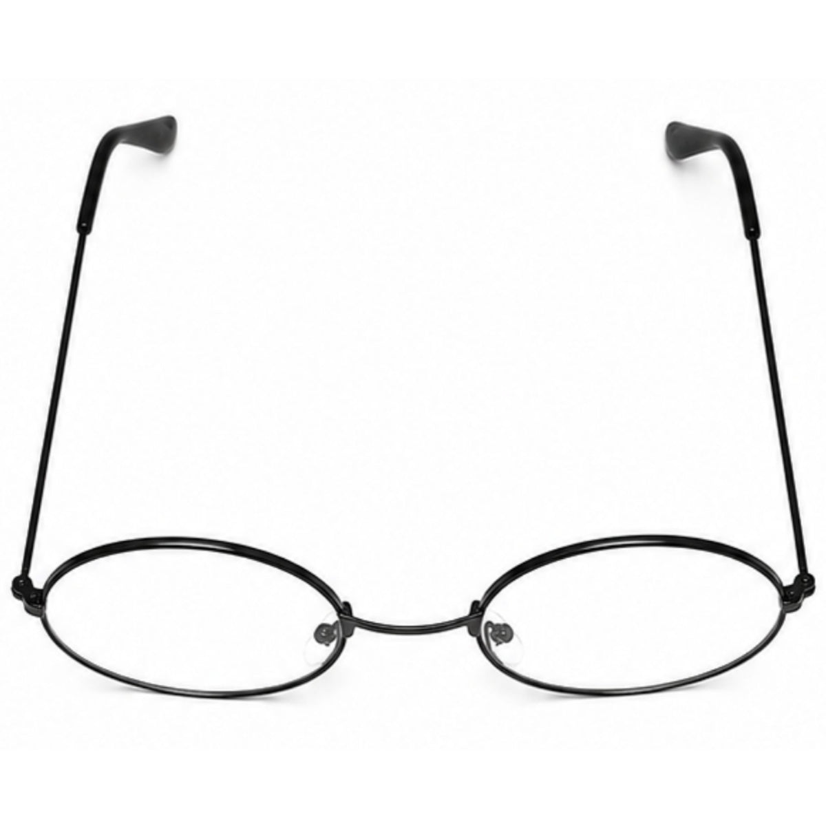 Thin black metal round eyeglasses with temple arms, shown from the front on a plain white background.