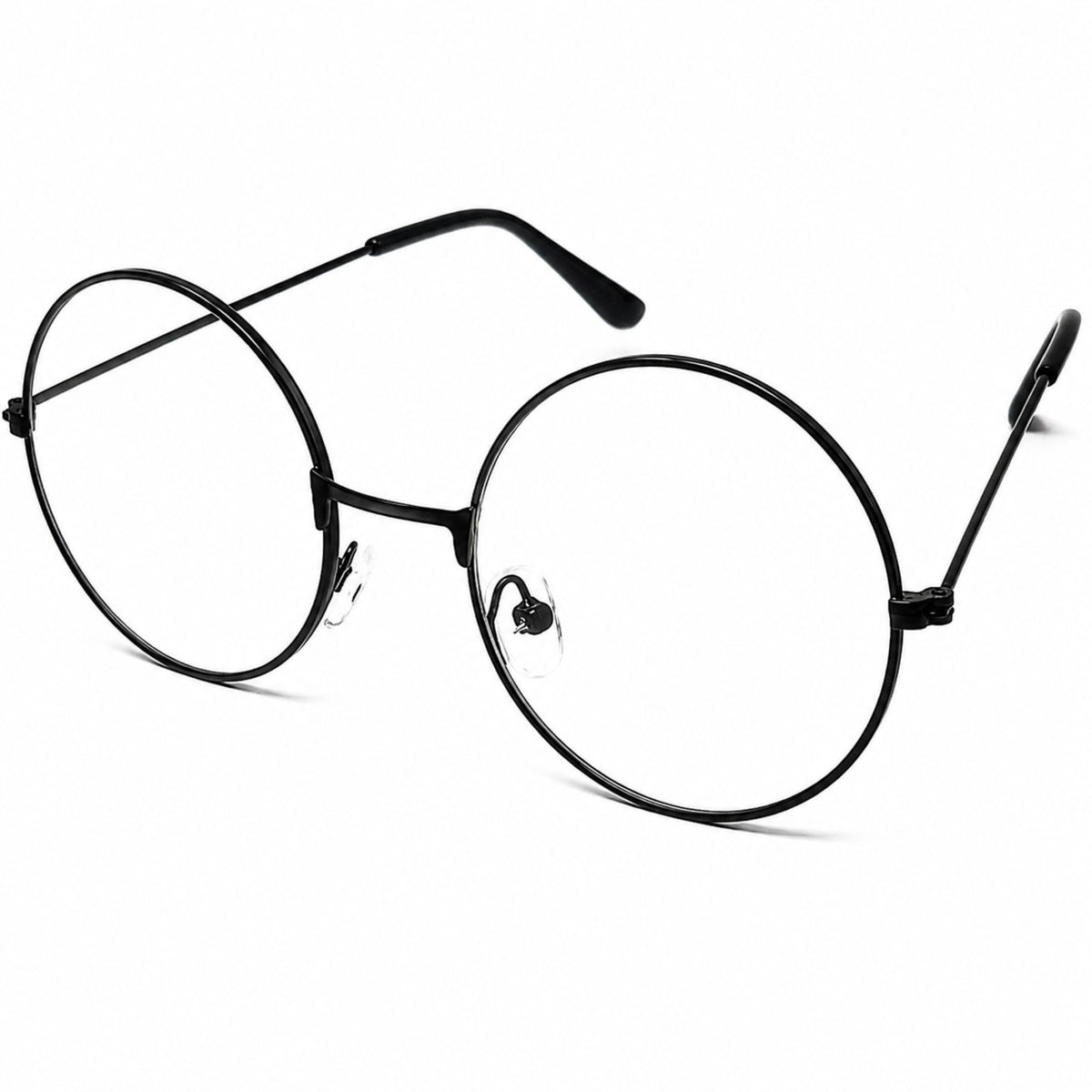 Thin black metal round eyeglasses with temple arms, shown from the side on a plain white background.