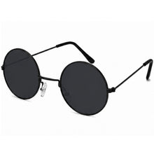 Round black sunglasses with dark lenses and thin metal temples, shown on a plain white background.