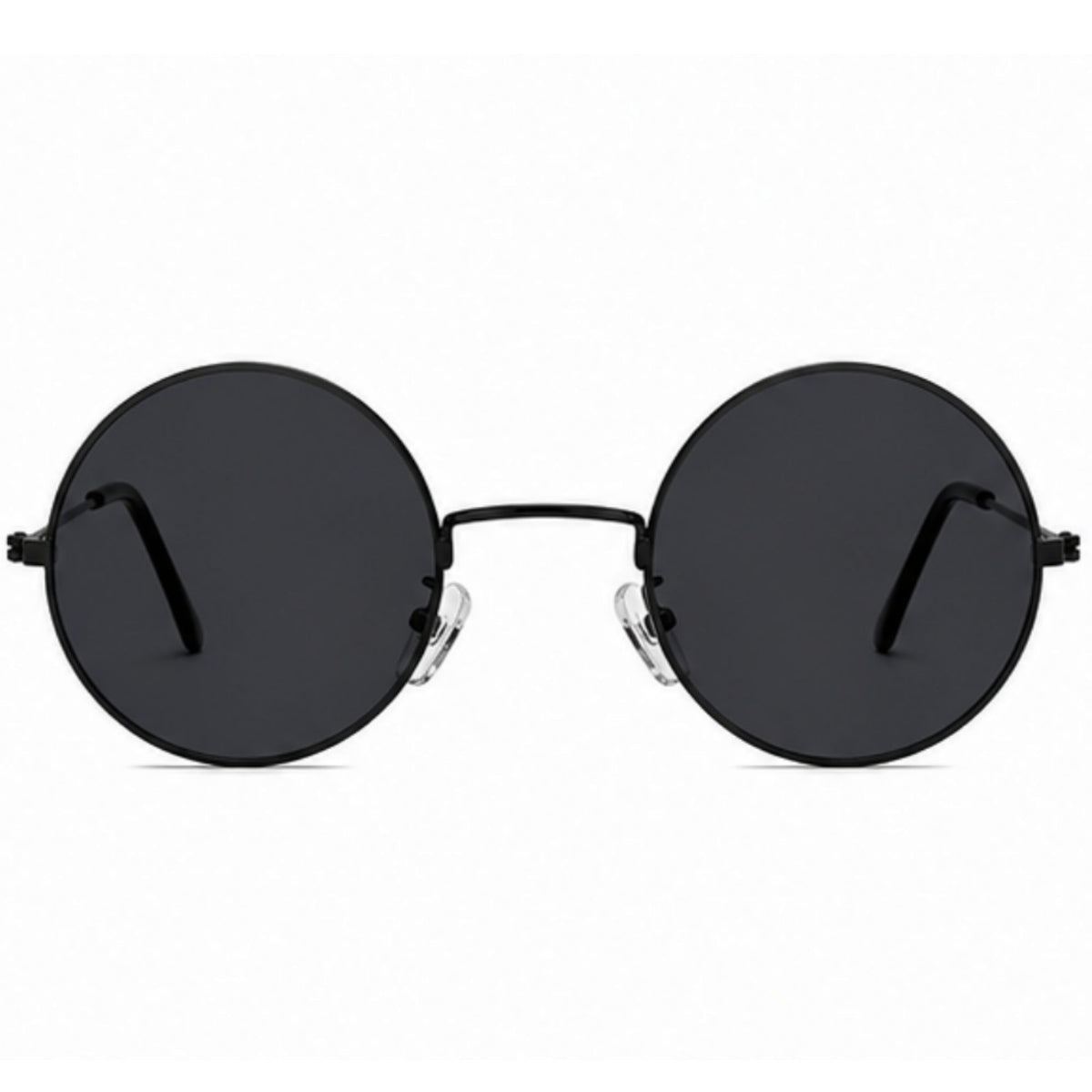 Round black sunglasses with dark lenses and a thin metal frame, shown from the front on a white background.