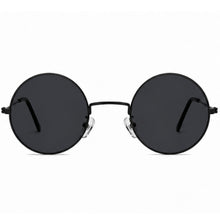 Round black sunglasses with dark lenses and a thin metal frame, shown from the front on a white background.