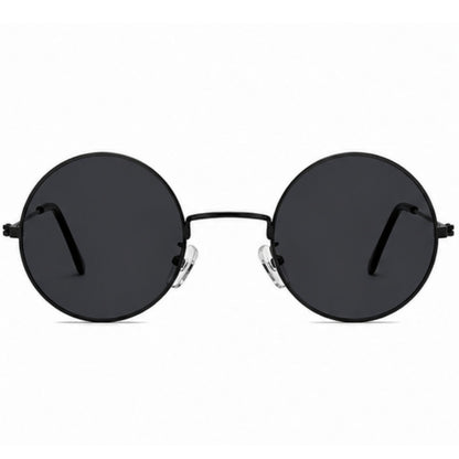 Round black sunglasses with dark lenses and a thin metal frame, shown from the front on a white background.
