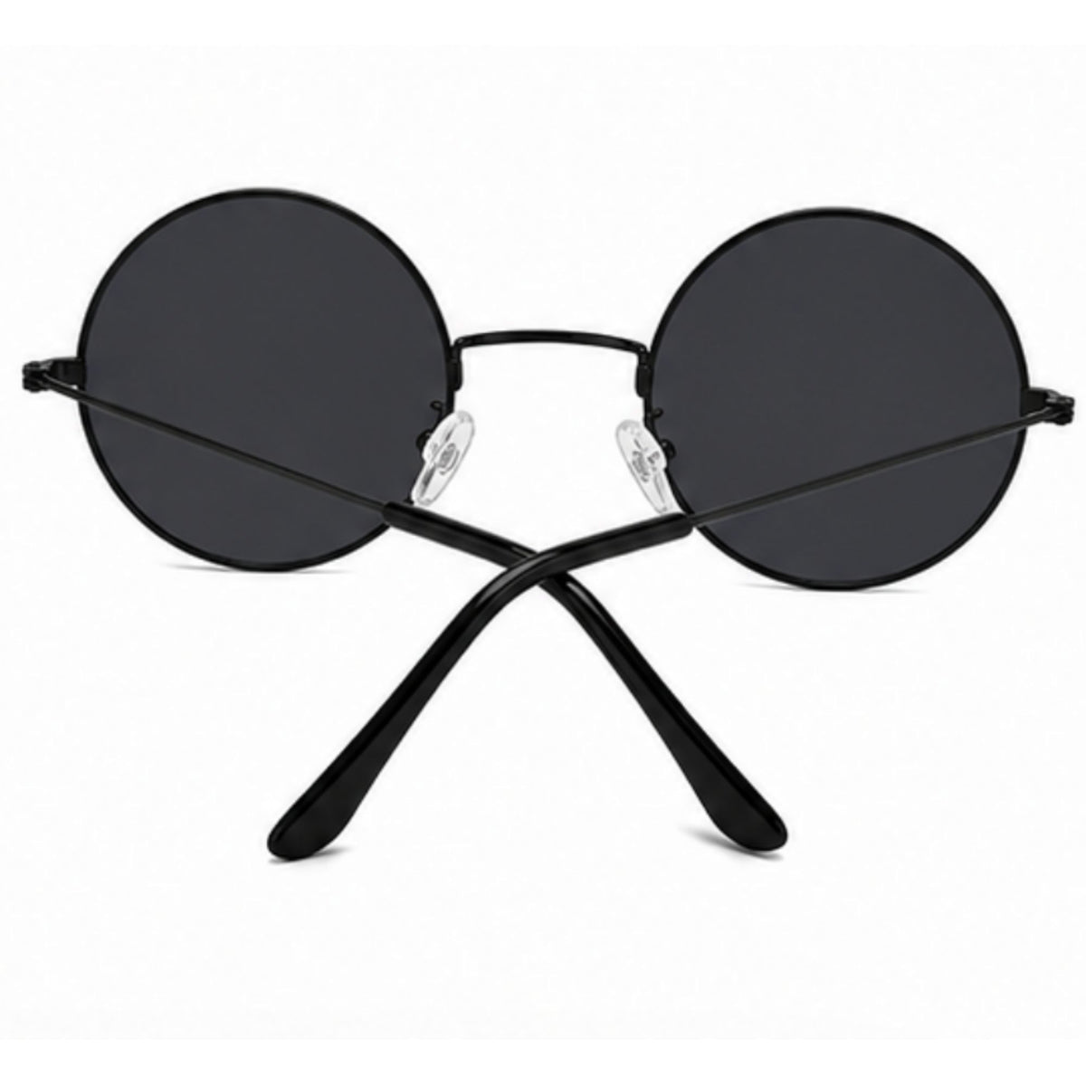 Round black sunglasses with dark lenses and crossed metal temples, shown on a plain white background.