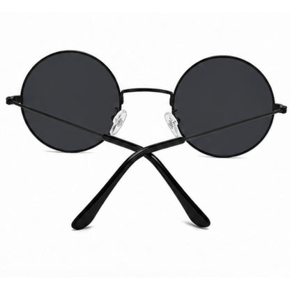 Round black sunglasses with dark lenses and crossed metal temples, shown on a plain white background.