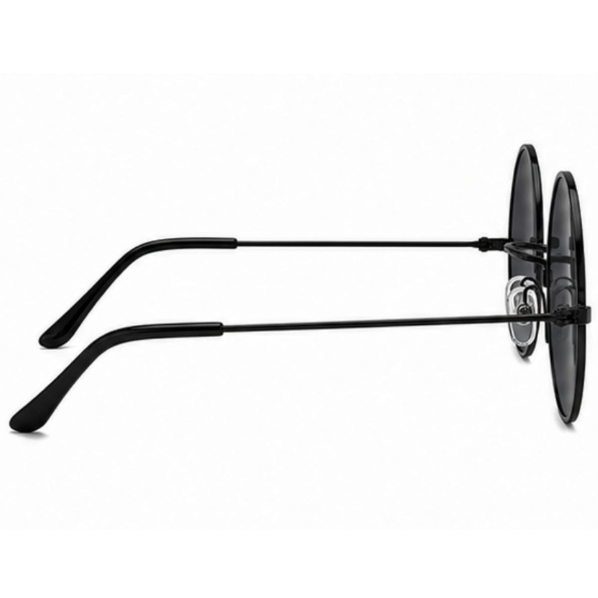 Black double-ear round sunglasses with slim metal temples and dark lenses, shown from a side profile on a white background.