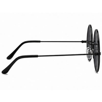 Black double-ear round sunglasses with slim metal temples and dark lenses, shown from a side profile on a white background.