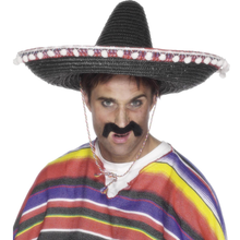 A man wearing a black sombrero with a red, white, and blue patterned band and a black fake mustache, along with a colorful striped poncho, against a plain white background.