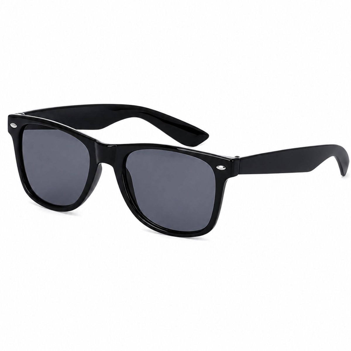 Black sunglasses with a classic wayfarer-style frame and dark gray lenses, shown at an angle on a plain white background.