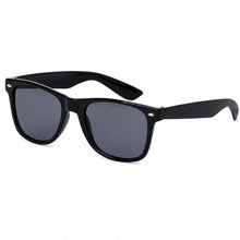 Black sunglasses with a classic wayfarer-style frame and dark gray lenses, shown at an angle on a plain white background.