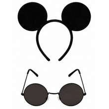 A black headband with two round mouse ears and a pair of round dark sunglasses, shown on a plain white background.