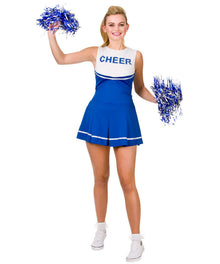 A woman modeling a blue and white cheerleader costume dress with the word 'CHEER' printed on the chest, holding blue and silver pom-poms against a plain white background.