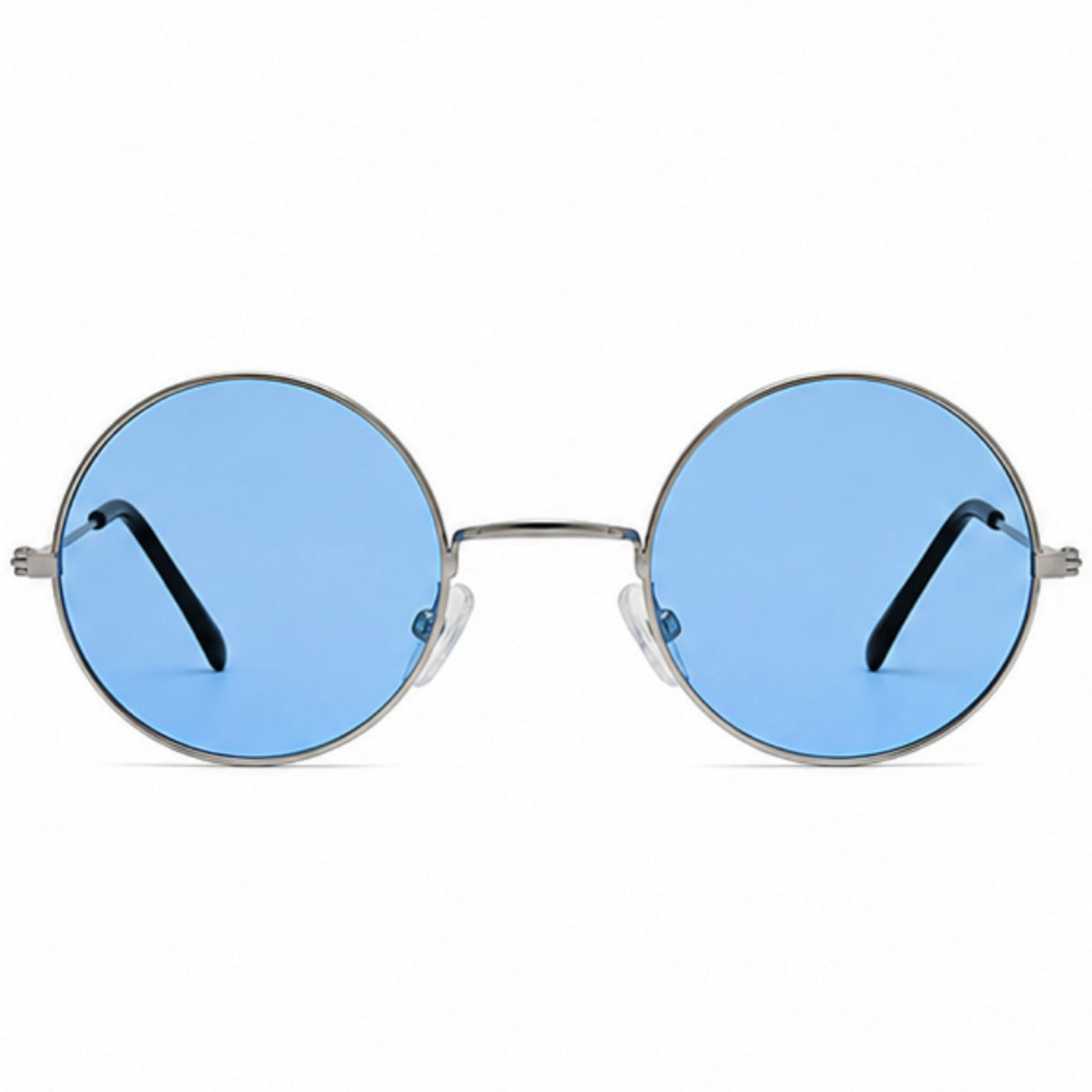 Round metal-framed sunglasses with light blue lenses and black temple tips, shown against a plain white background.