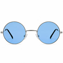 Round metal-framed sunglasses with light blue lenses and black temple tips, shown against a plain white background.