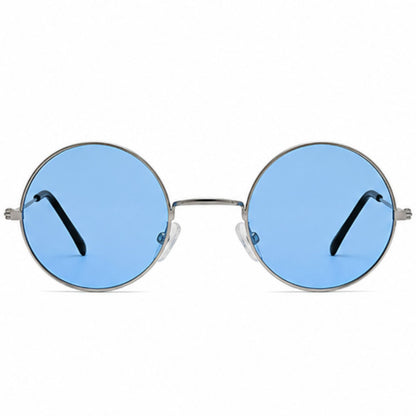 Round metal-framed sunglasses with light blue lenses and black temple tips, shown against a plain white background.