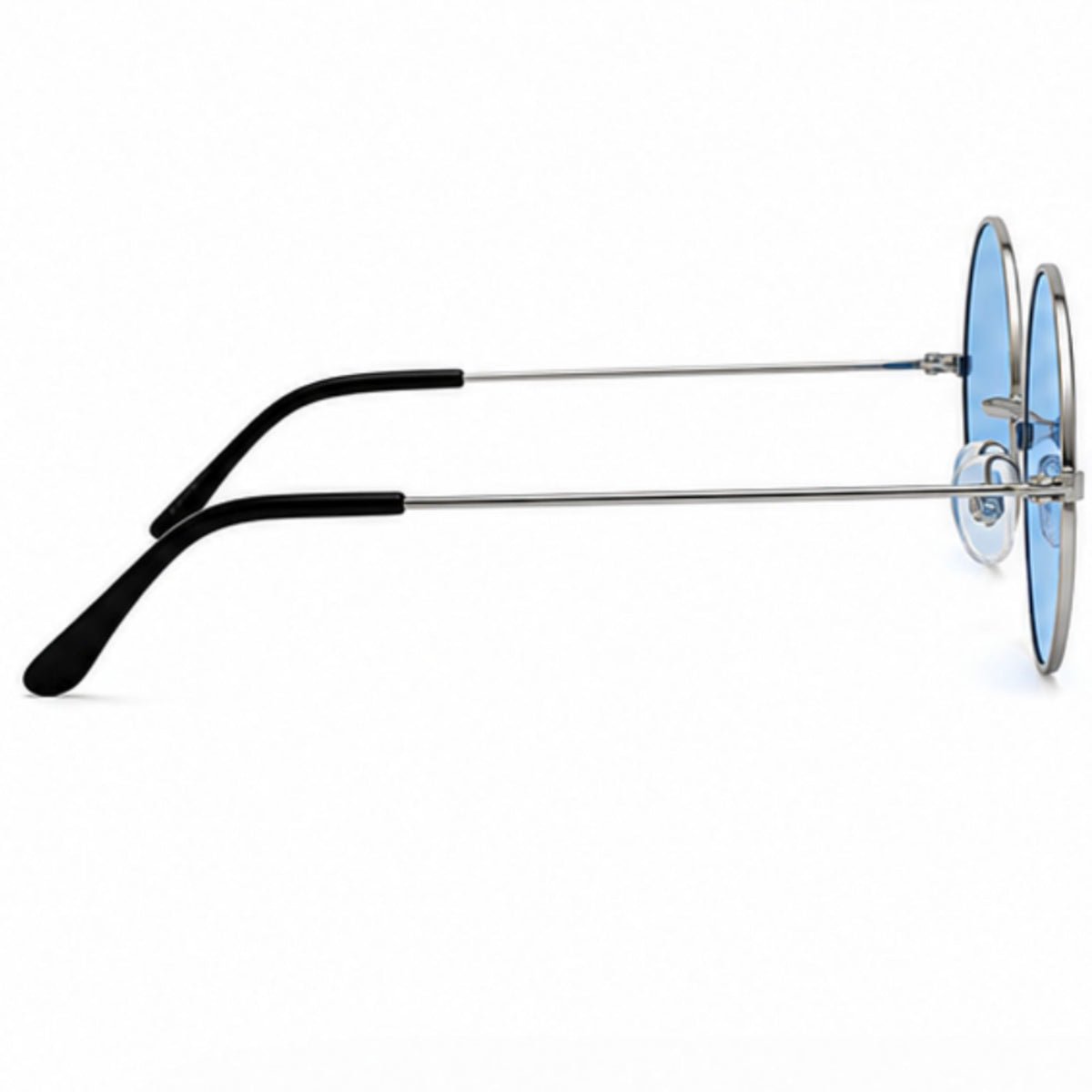 Round silver metal-framed sunglasses with light blue tinted lenses and black temple tips, shown from a side profile on a white background.