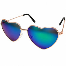 Heart-shaped aviator sunglasses with a rose gold metal frame and mirrored blue-to-green lenses, shown on a plain white background.