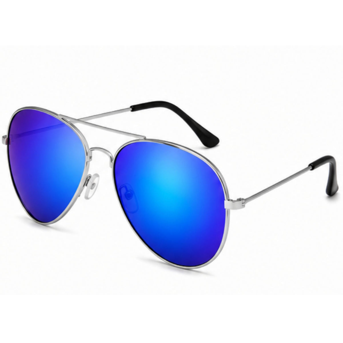 A pair of classic aviator sunglasses with a silver metal frame and vibrant blue mirrored lenses, shown on a clean white background.