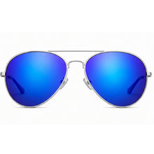 Silver aviator sunglasses with vibrant blue mirrored lenses, shown from the front on a white background.