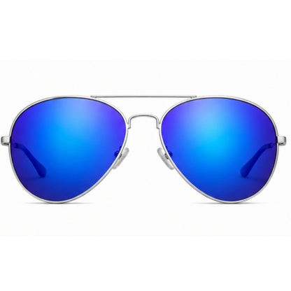 Silver aviator sunglasses with vibrant blue mirrored lenses, shown from the front on a white background.