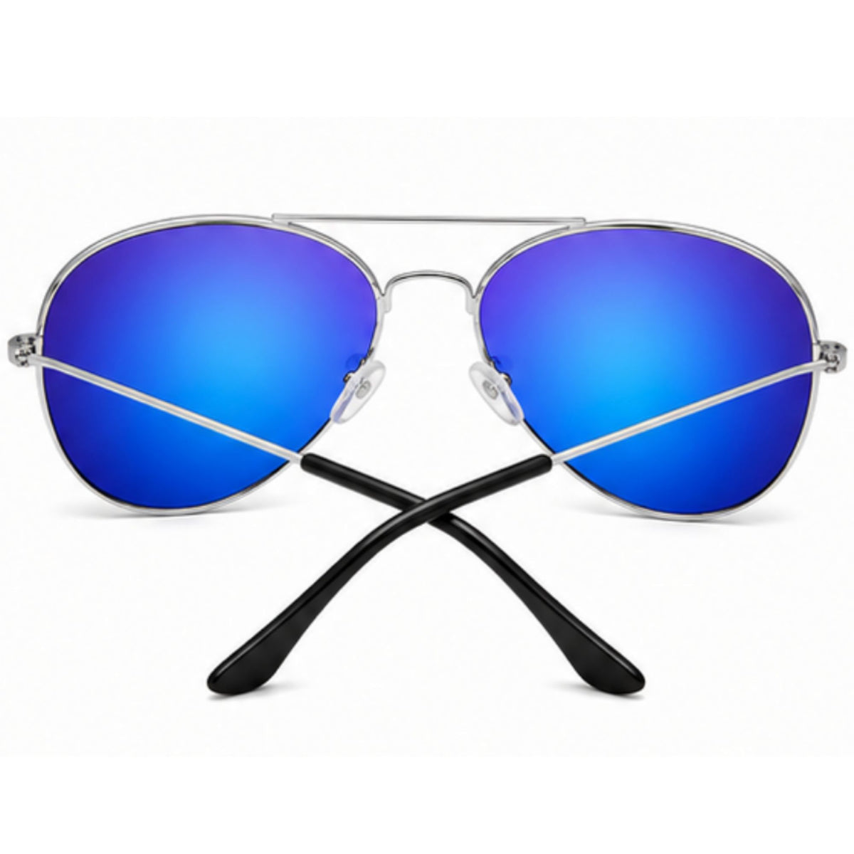 Silver metal aviator sunglasses with vibrant blue mirrored lenses and black crossed temple arms, shown on a clean white background.