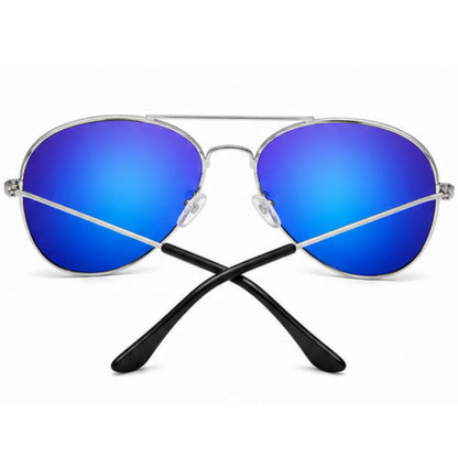 Silver metal aviator sunglasses with vibrant blue mirrored lenses and black crossed temple arms, shown on a clean white background.