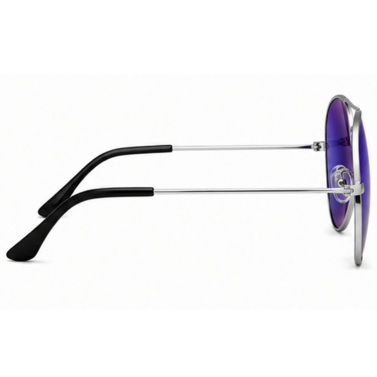Oversized round sunglasses with purple mirrored lenses, a silver metal frame, and black temple arms, shown from a side profile view on a white background.