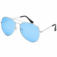 Silver aviator sunglasses with light blue mirrored lenses and black temple tips, shown on a plain white background.