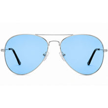 A pair of classic aviator sunglasses with a thin silver metal frame and light blue mirrored lenses, shown against a plain white background.