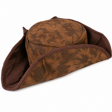A brown pirate-style tricorn hat with a distressed, mottled pattern and solid brown lining, shown on a plain white background.