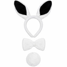White bunny ears with black tips, a white bow tie, and a white ball on a white background