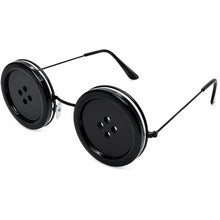 Black novelty round sunglasses with oversized button-shaped lenses and thin metal temples, shown on a plain white background.