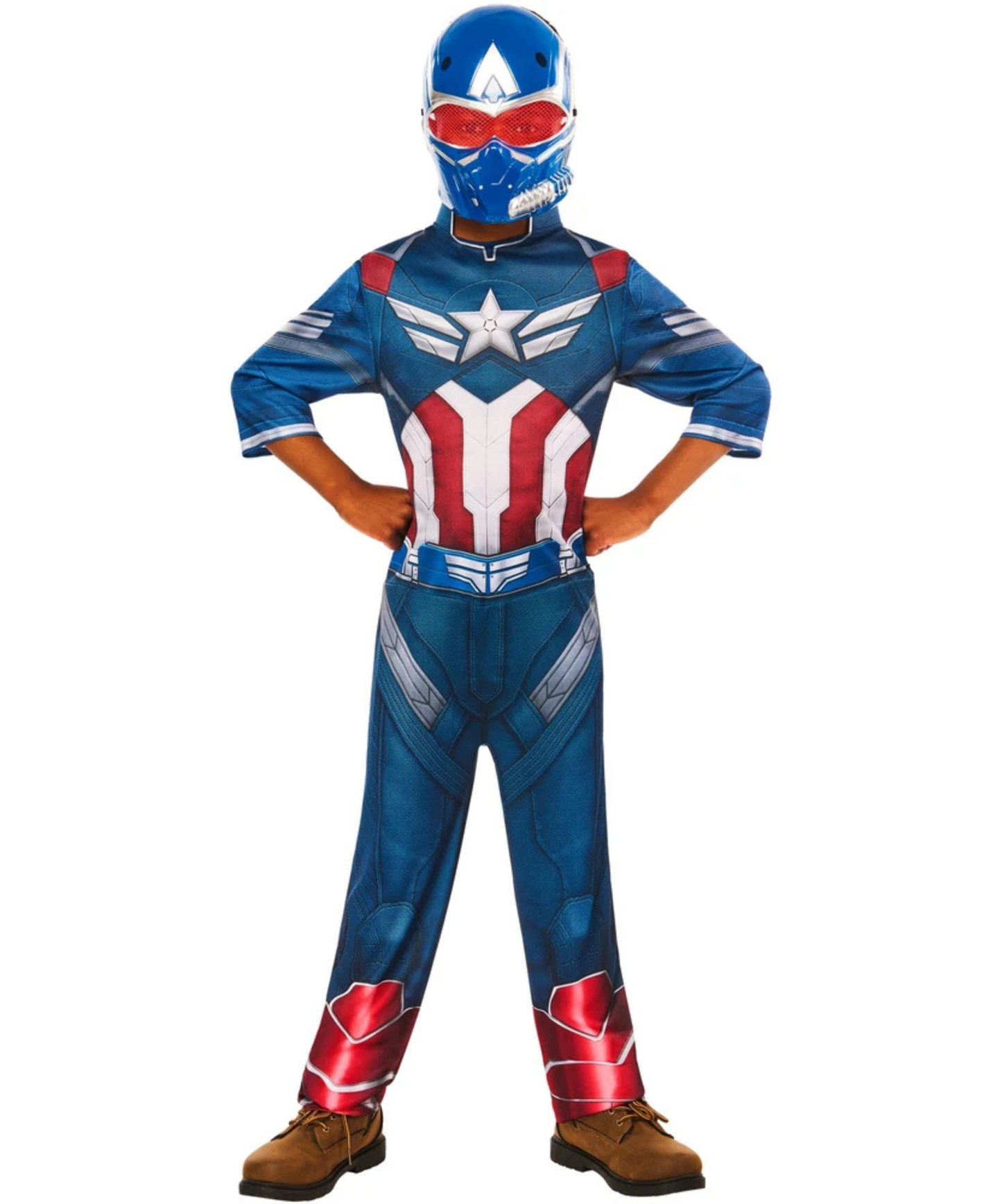 A child modeling a Captain America costume, featuring a blue, red, and white printed suit, a matching helmet with red visor, and brown boots, posed against a plain white background.